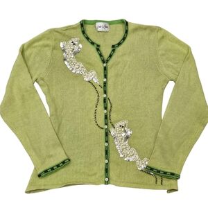 VINTAGE Carly St. Claire Green Sequin Ghost Halloween Cardigan Large Teacher